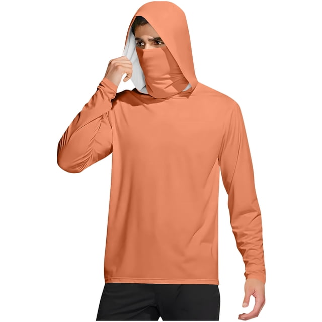 Bocqde UPF 50+ Sun Protection Hoodie Shirts for Men Solid Color Long Sleeve UV Protection Rash Guards with Mask Mens Lightweight Breathable Outdoor Fishing & Hiking Shirts