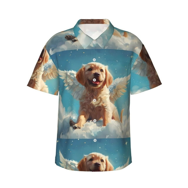 Balery Cute Angel Winged Dog Camisas hawaianas de manga corta para hombre, camisas playeras de corte holgado, camisas de vacaciones con botones,Small