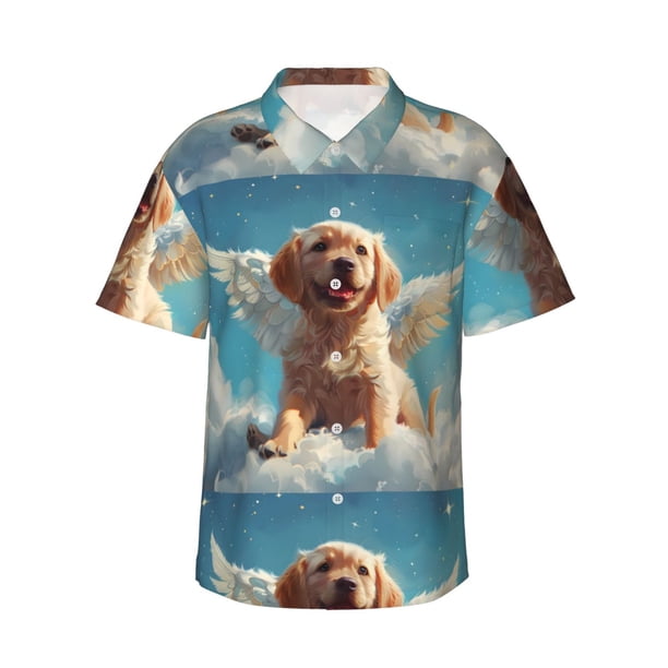 Balery Cute Angel Winged Dog Camisas hawaianas de manga corta para hombre, camisas playeras de corte holgado, camisas de vacaciones con botones,Medium