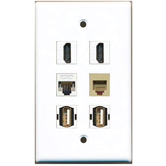 RiteAV - 2 HDMI 2 Port USB A-A 1 Port Phone RJ11 RJ12 Beige 1 Port Cat5e Ethernet White Wall Plate