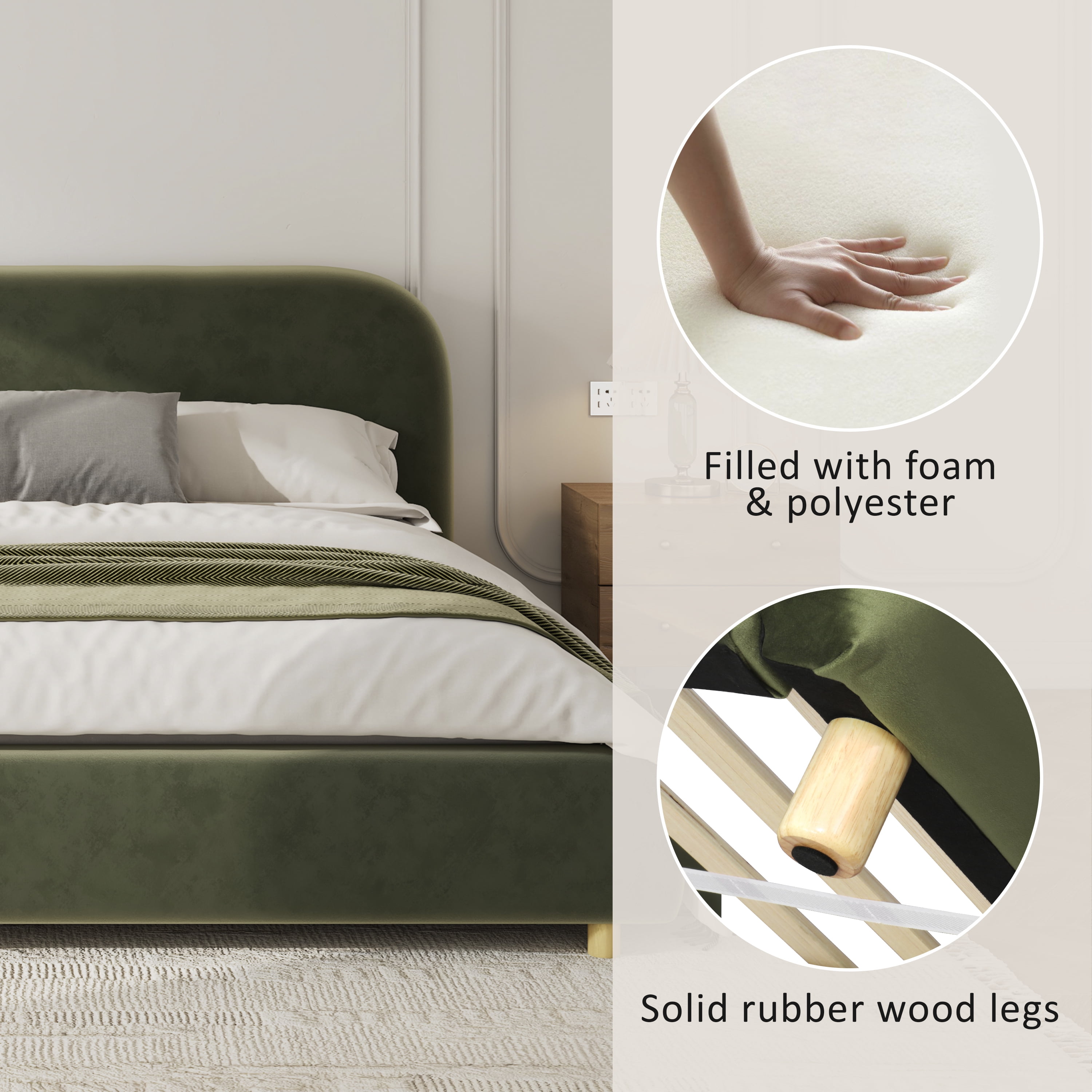 Queen Size Platform Bed with Plush Velvet Fabric, Curved Thick Padded Headboard, Upholstered Bed Frame with Wood Slats for Bedroom, Olive Green