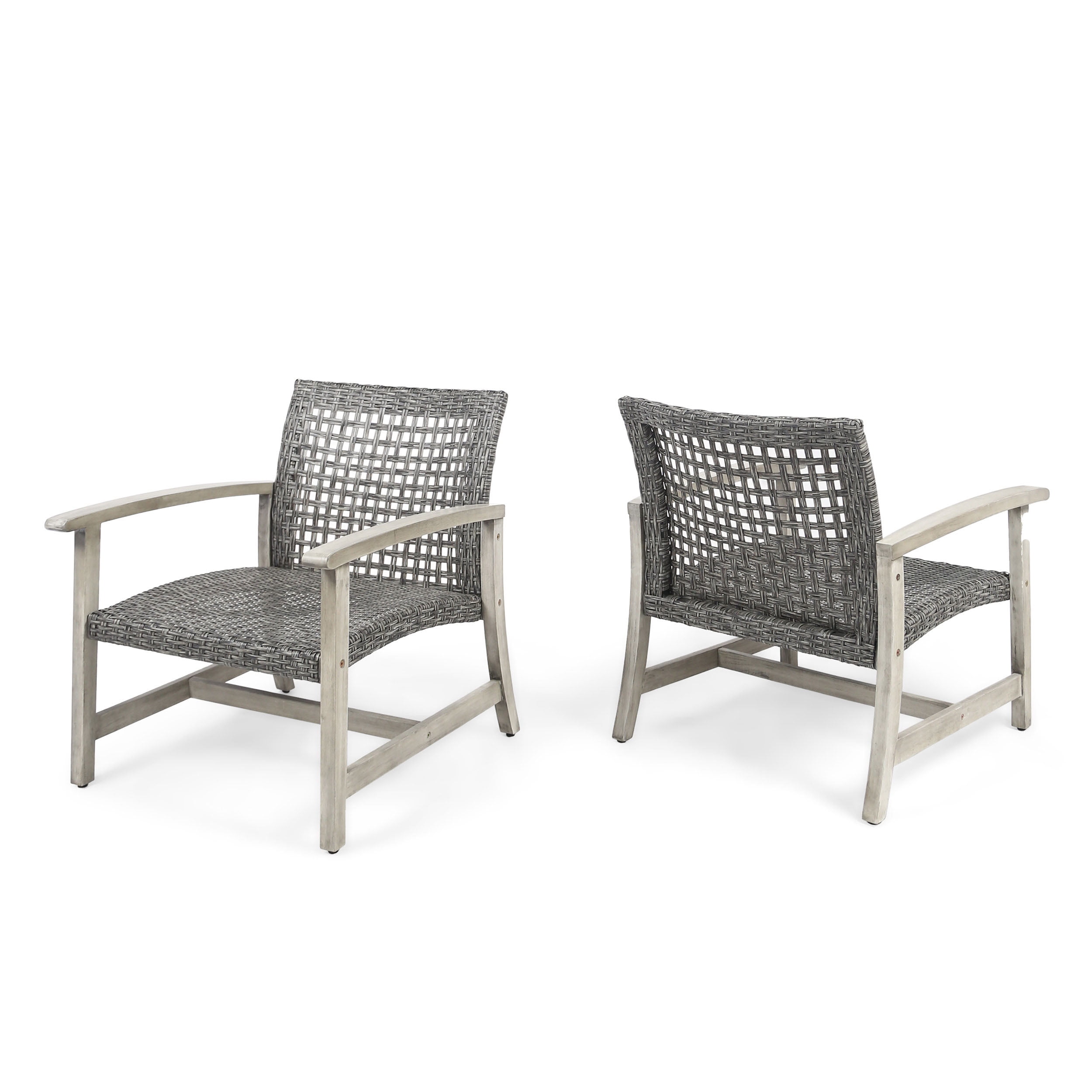 Outdoor Wood Woven Combined Club Chair Set of 2, Leisure Relax Seats for Patio Garden, Mixed Black and Light Gray Wash