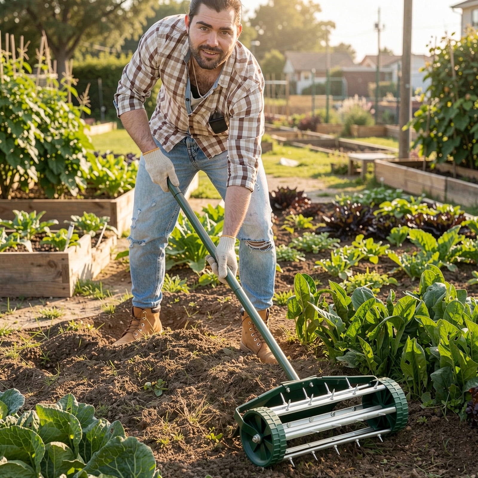 Biotree 18 Inch Rolling Lawn Aerator with Splash-Proof Fender for Garden Dark green, silver - Outdoor Lawn Yard Garden Care Tool