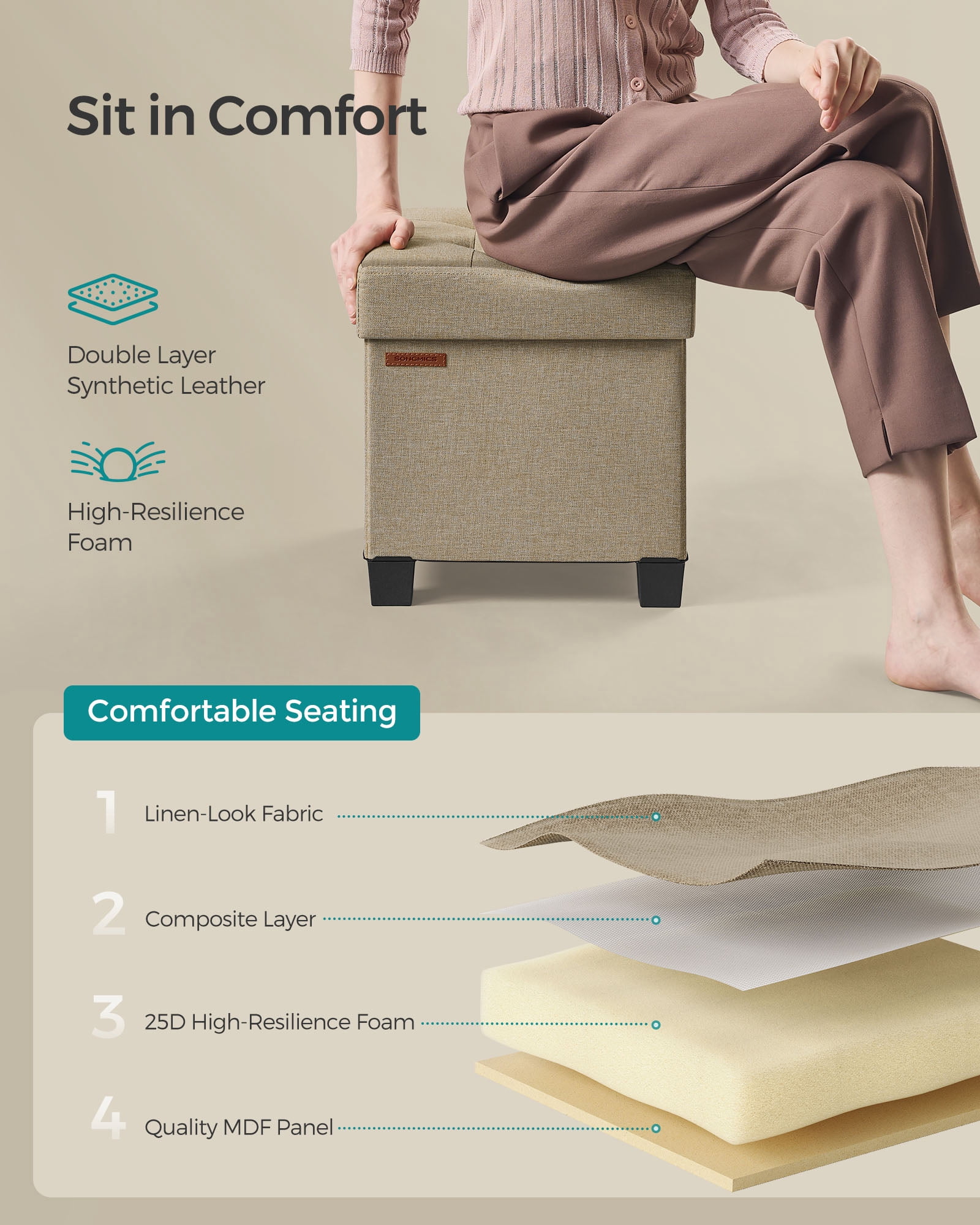 Storage Ottoman Foot Stool with Tufted Linen-Look, 15 x 15 x 15.7 Inches, 660 lb Capacity, Foldable for Living Room, Bedroom & Dorm, Camel Brown