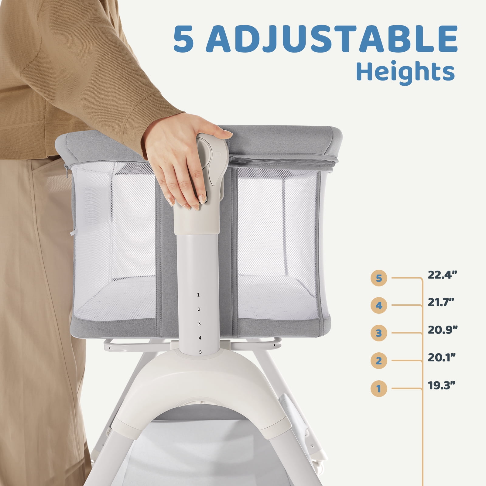 HARPPA Baby Bassinet, 3 in 1 Baby Bassinet Bedside Sleeper with Rocking and Adjustable Height, Light Gray