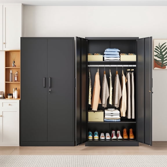 STANI Metal Armoire Closet with Lock, 72" Tall Wardrobe Cabinet with Hanging Rod,Black Steel Clothing Locker Storage for Home,Bedroom,Office,Employee