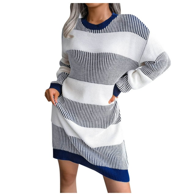 Robe Chandail Tricotée Classique pour Femmes Automne Hiver Élégante Col Rond Manches Longues Midi