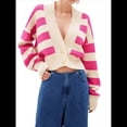 thumbnail image 1 of Suéter de Rayas con Bloques de Color para Mujer, Cárdigan de Larga con Botones y Cuello en V, Prenda de Punto de Moda. Rosa Roja L, 1 of 10