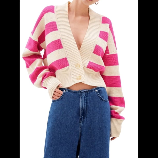 Suéter de Rayas con Bloques de Color para Mujer, Cárdigan de Larga con Botones y Cuello en V, Prenda de Punto de Moda. Rosa Roja S