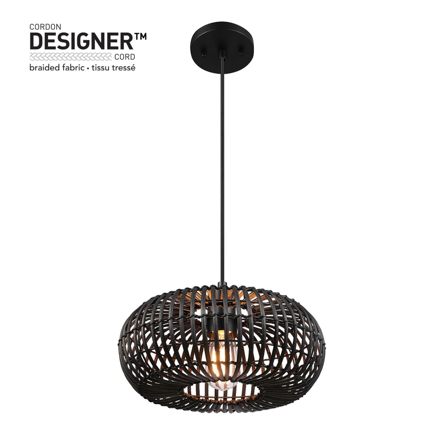 Maren 1-Light Pendant Lighting, Matte Black, Rattan Shade