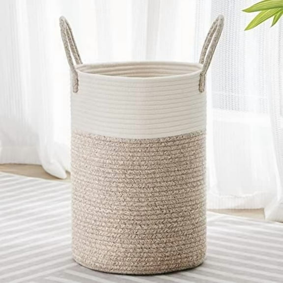 Tall Laundry Hamper, Woven Rope Storage Basket for Blanket, Toys, Dirty Clothes in Living Room, Bathroom, Bedroom - 30L White & Brown