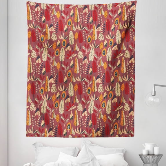 Banana Tapestry, Autumn Leaves Foliage Tropical Climate Hand Drawn Warm Tones Illustration, Fabric Wall Hanging Decor for Bedroom Living Room Dorm, 5 Sizes, Pale Maroon Ecru Ruby, by Ambesonne
