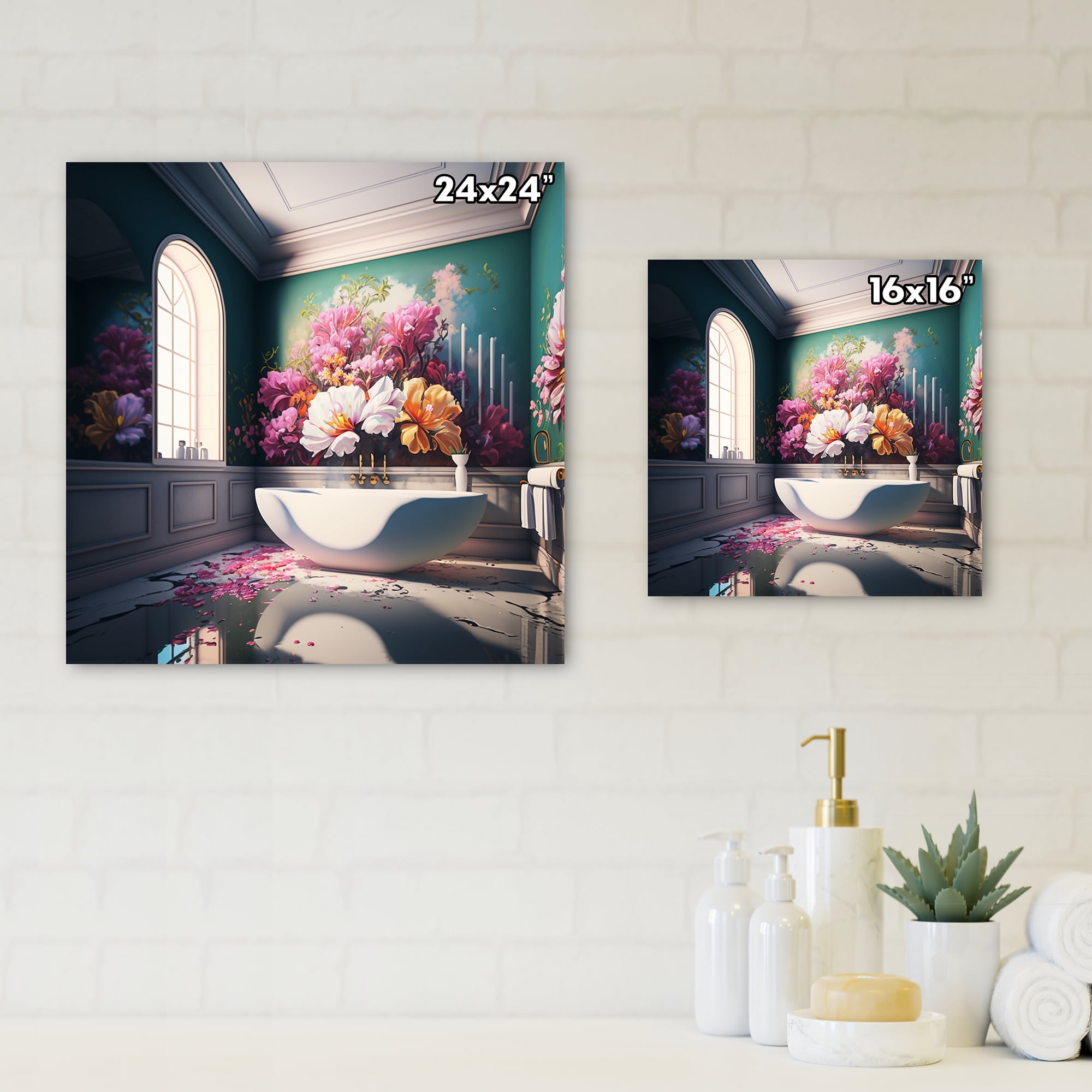 Designart Luxury Bathroom With Blooming Flowers I Canvas Wall Art