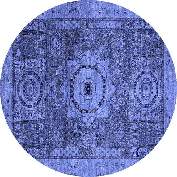 Ahgly Company Machine Washable Indoor Round Abstract Blue Modern Area Rugs, 4' Round