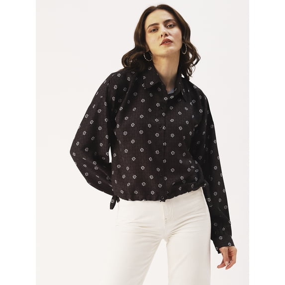 DressBerry Women’s Printed Poly Rayon Shirt Collared Neck Long Sleeves Buttoned Front Waist Length with Adjustable Drawstrings Regular Wear Light Weighted Casual Summer Top