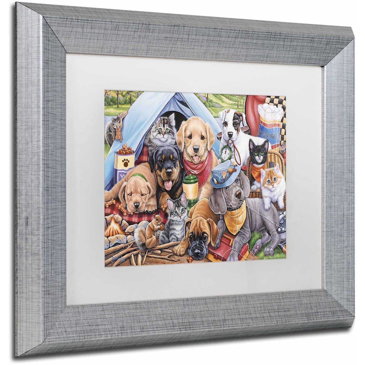 Trademark Fine Art 'Camping Buddies' Canvas Art by Jenny Newland, White Matte, Silver Frame