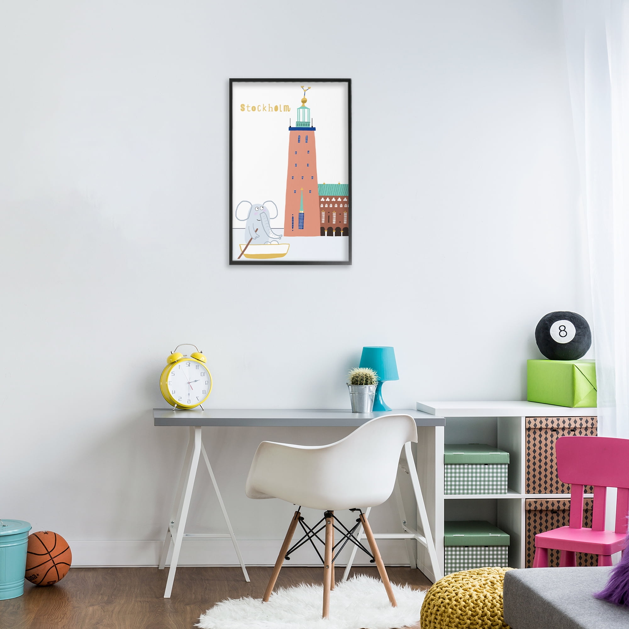 Elephant in Stockholm Boat Black Framed Giclee Art, design by Carla Daly