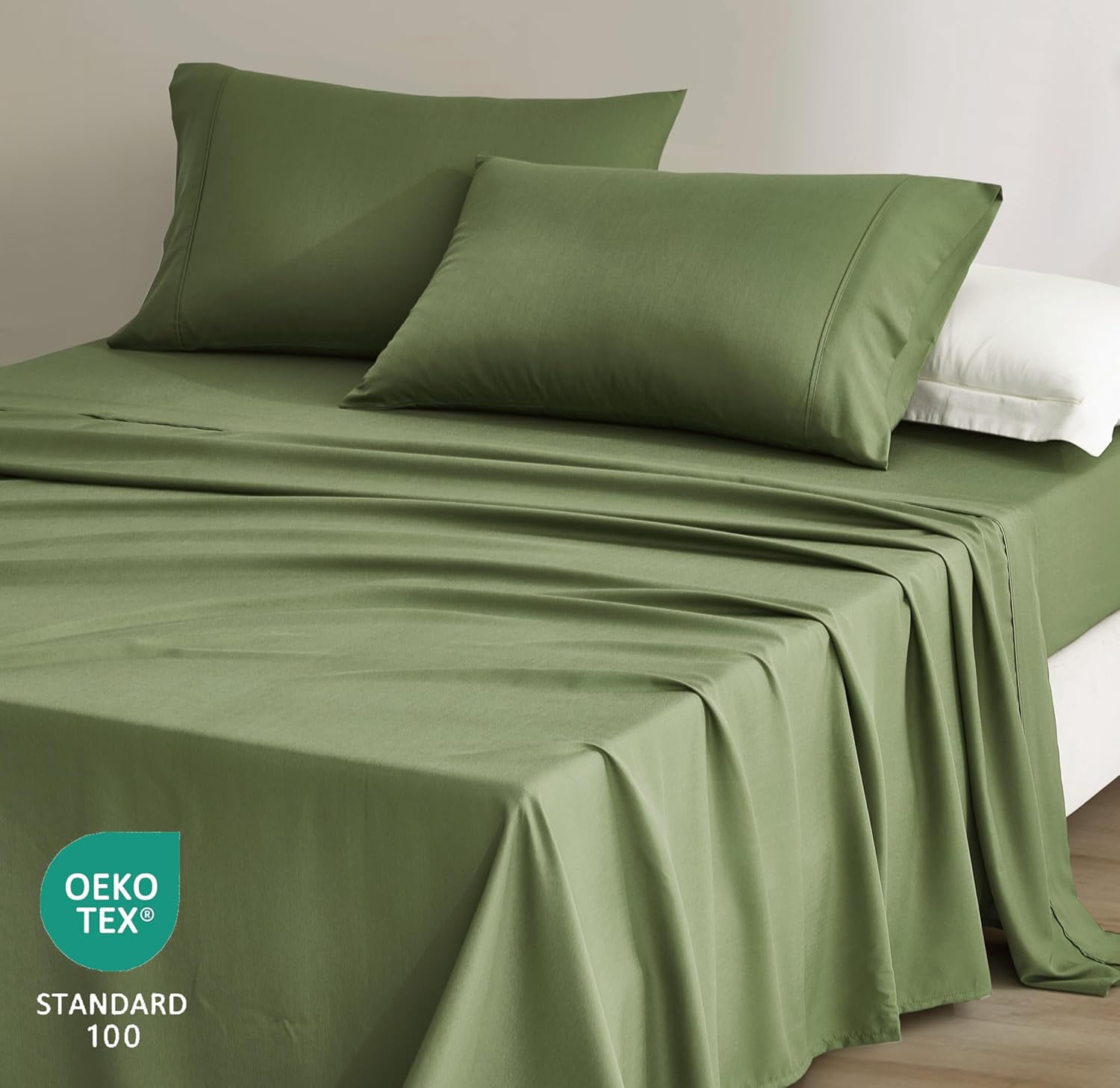 Chezmoi Collection 4-Piece Stone Washed California King Sheet Set, Rayon Derived from Bamboo & Polyester Blended, Breathable & Cooling 15-Inches Deep Pocket Sheets & Pillowcases Set, Olive Green