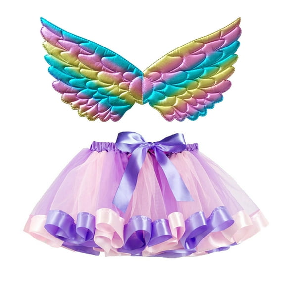 WOYY Tutu Skirt for Girls Rainbow Ballet Dance Layered Tulle Skirt with Wing, Sizes 2-4