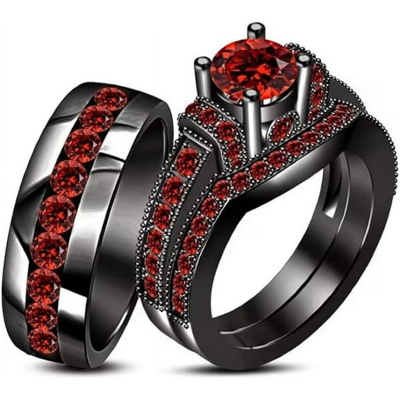 Gems Jewels 1.20 Ct Round Cut Red Ruby Wedding Engagement Trio Ring Set 14K Black Gold Plated 925 Sterling Silver For Unisex -10