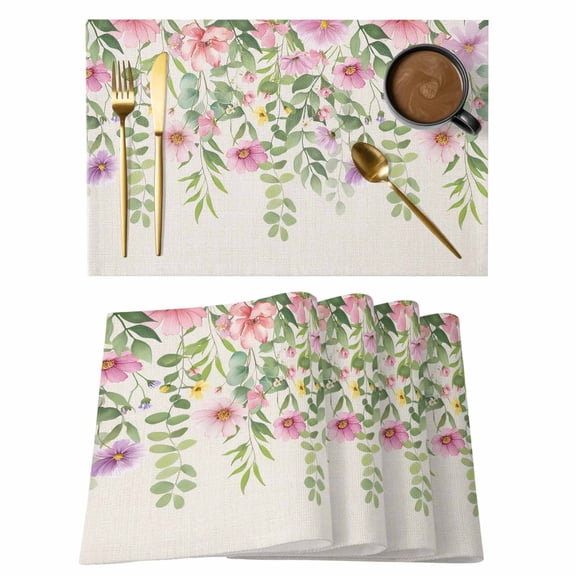 Colorful Flowers Placemats Set of 12, Spring Floral Leaves Botanical Country Beige Placemats for Dining Table, Place Mats for Kitchen Tabletop, Waterproof Wipeable Dining Table Mats Set