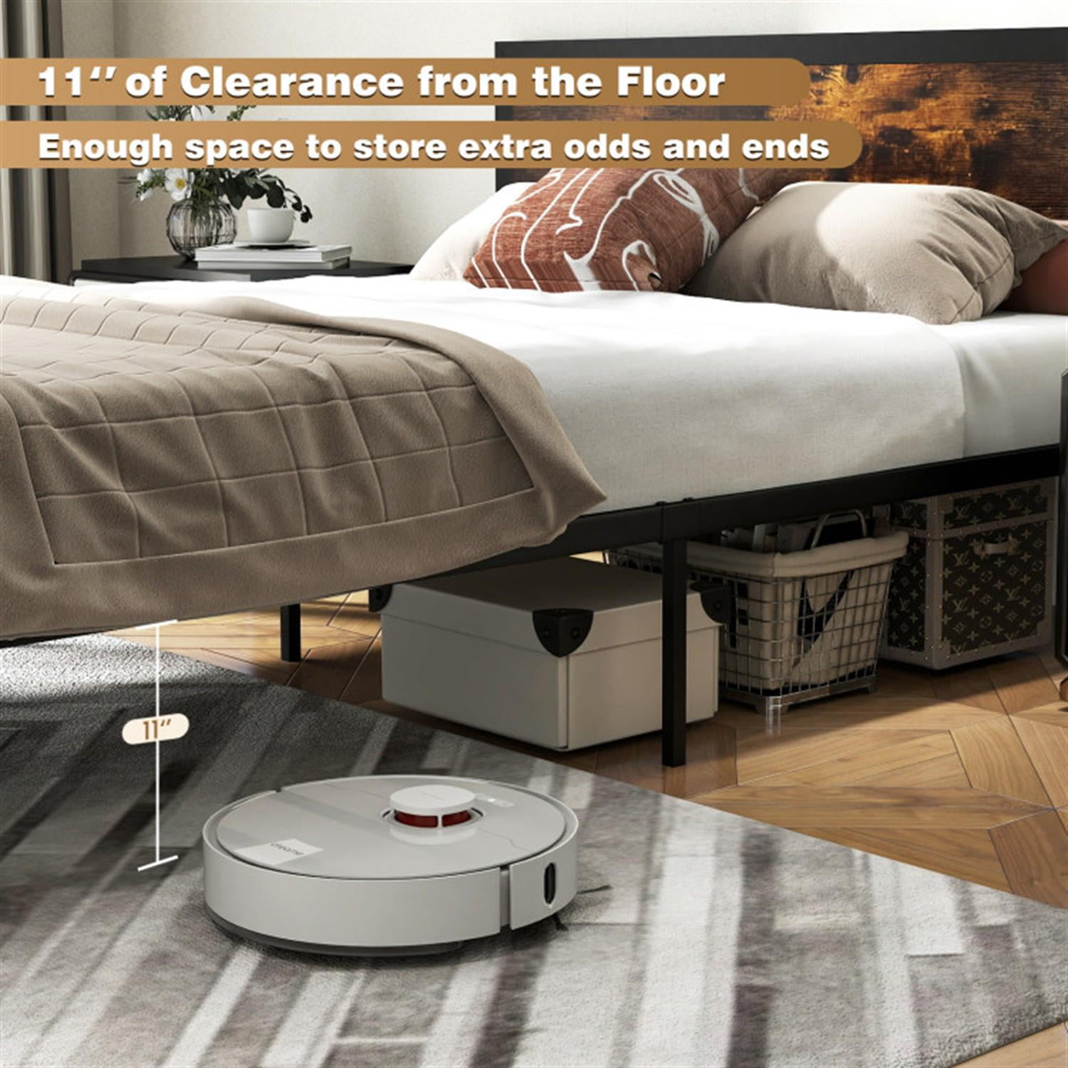 Demi Bonn Queen Size Bed Frame with Headboard and Footboard, Modern Metal Platform Bed Frame with Under Bed Storage, No Box Spring Needed, Brown