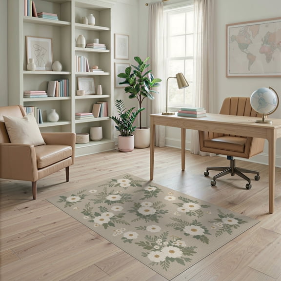 ODIKA 4'x6' Green Cream Sage Floral Bouquet Design Washable Area Rug Elegant Farmhouse Style with Leafy Accents for Bedroom, Reading Nook, Pet Friendly & Non-Shedding