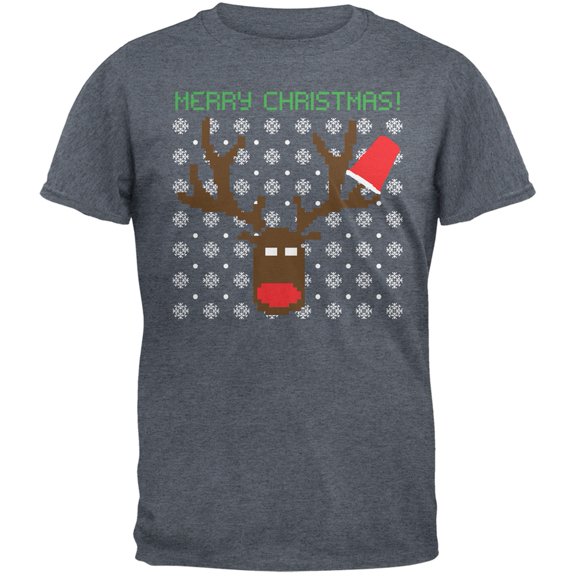 Party Deer Ugly Christmas Sweater Dark Heather Grey Adult T-Shirt - Medium