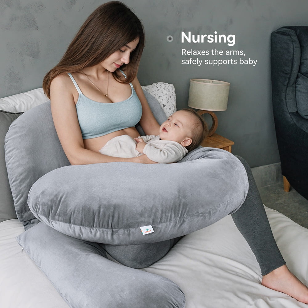 Pregnancy Pillow, Caveen Full Body Maternity Pillow for Side Sleeping, with Adjustable Wedge Pillow and Velvet Cover, Washable, Grey