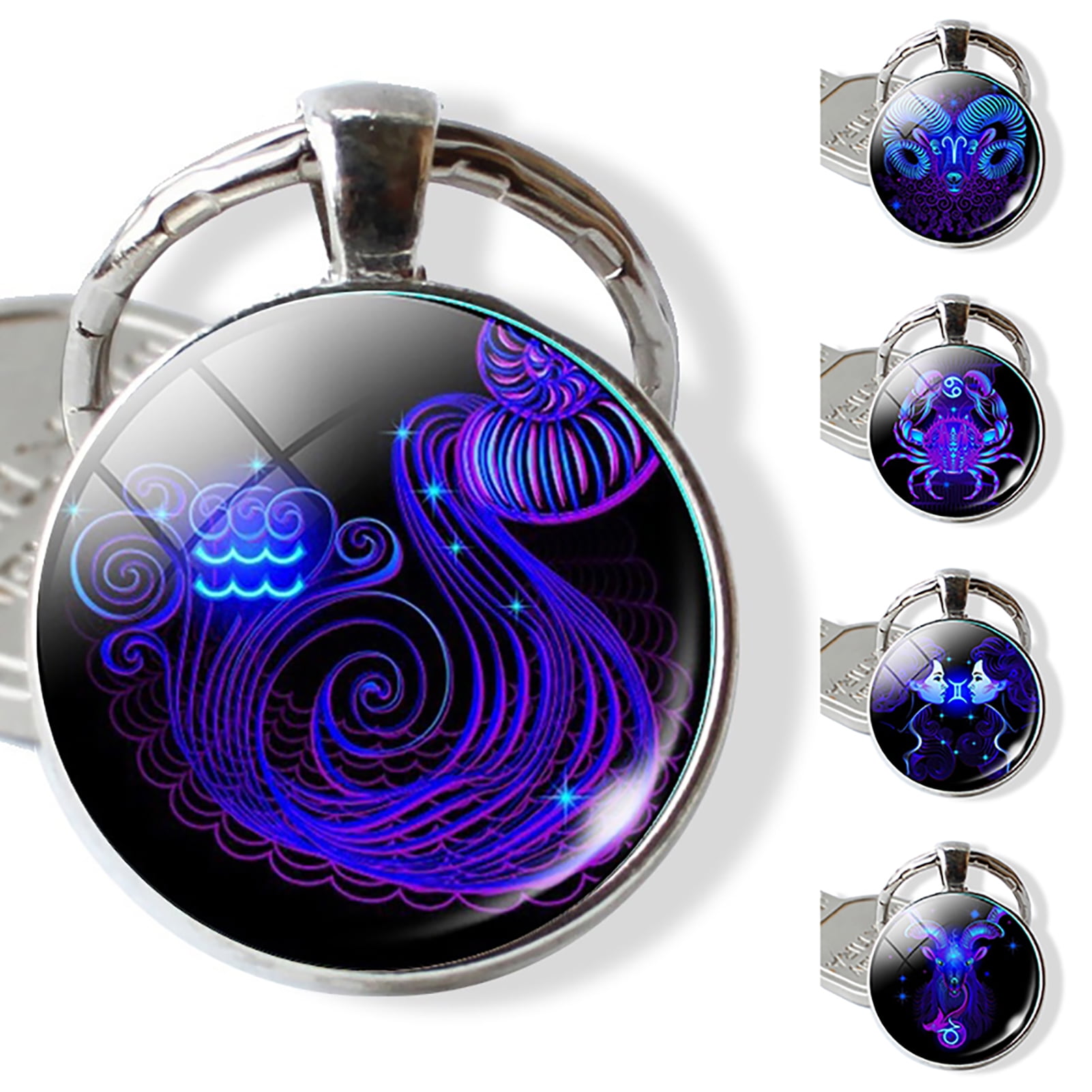 BE_ Fashion 12 Constellation Zodiac Sign Glass Pendant Key Ring Holder Keychain 