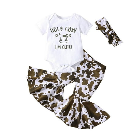 

HIBRO Toddler Girls Short Sleeves Kids Cow Head Top Letters Prints Outfits Set Bell Bottom Pants Flared Girls Outfits Set Baby Girl Headbands Bows Baby Girl Clothes Cows