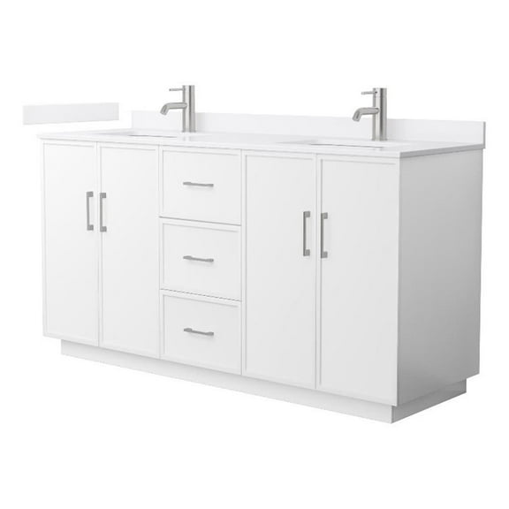 Elan TK 66" White Double Vanity & White Quartz Top (1-Hole) & Nickel Trim