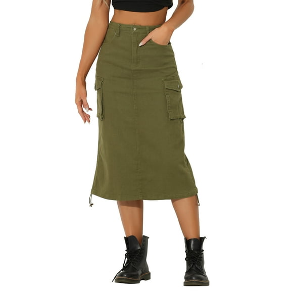 INSPIRE CHIC Midi Skirt for Women's Flap Pocket Back Slit Drawstring Cargo Skirt M Army Green