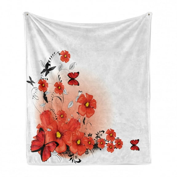 Poppy Flower Soft Flannel Fleece Blanket, Floral Background with Butterflies Spring Season Hope Inspiration Theme, Cozy Plush for Indoor and Outdoor Use, 50" x 60", Red White Black, by Ambesonne