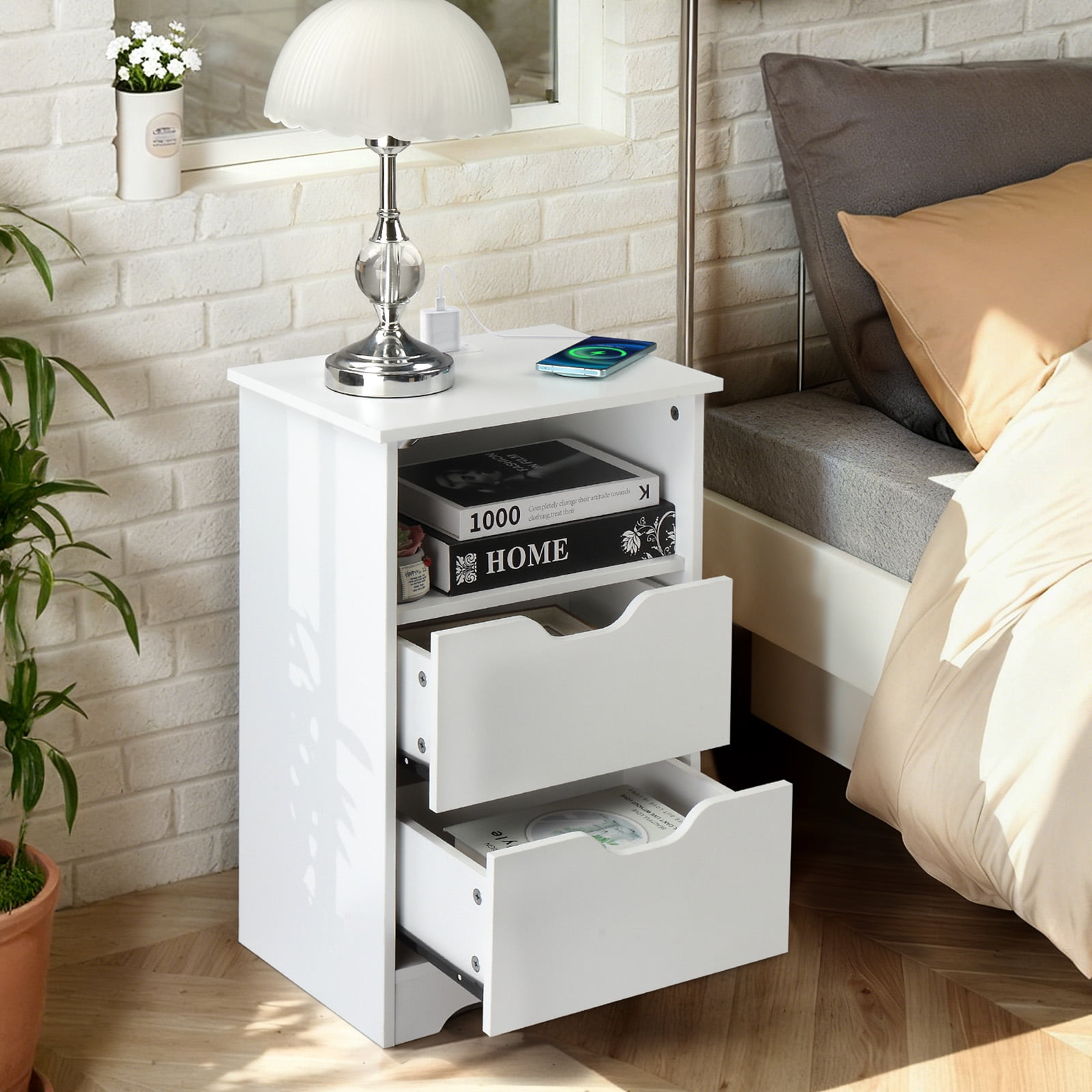 Ktaxon Set of 1 NightStand with Charging Station BedsideTable with 2 Storage Drawers,End Side for Bedroom,Country Style White