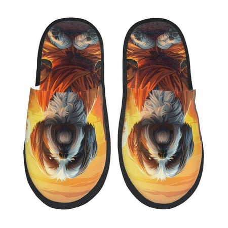 Balery Cartoon Puppy Sunset Slient Indoor Furry Fleece Comfort House Shoes Soft Non-Slip Home Shoes Cotton slippers House Slippers-- Large