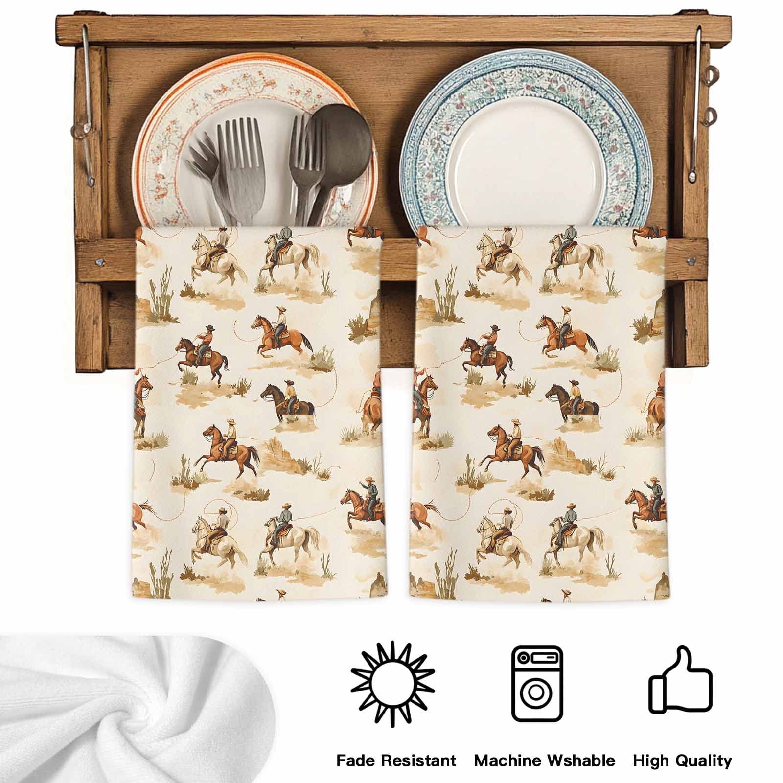 Western Cowboy Kitchen Towels Set of 2, Vintage Country Horse Plants Art Soft Microfiber Dish Towels, Absorbent Quick-Dry Washable Dishcloths for Kitchen Cleaning, Drying Dishes, 18x28 Inches