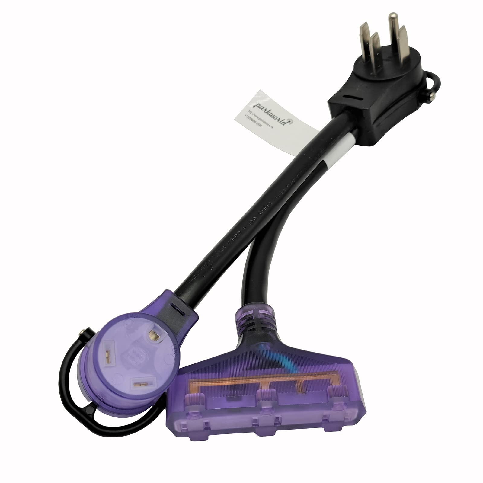 Parkworld 68840 RV Splitter, RV 50A to 30A & 15A V adapter cord 14-50P male to TT-30R & 5-15R female Tri-outlet with lighted 1.5FT