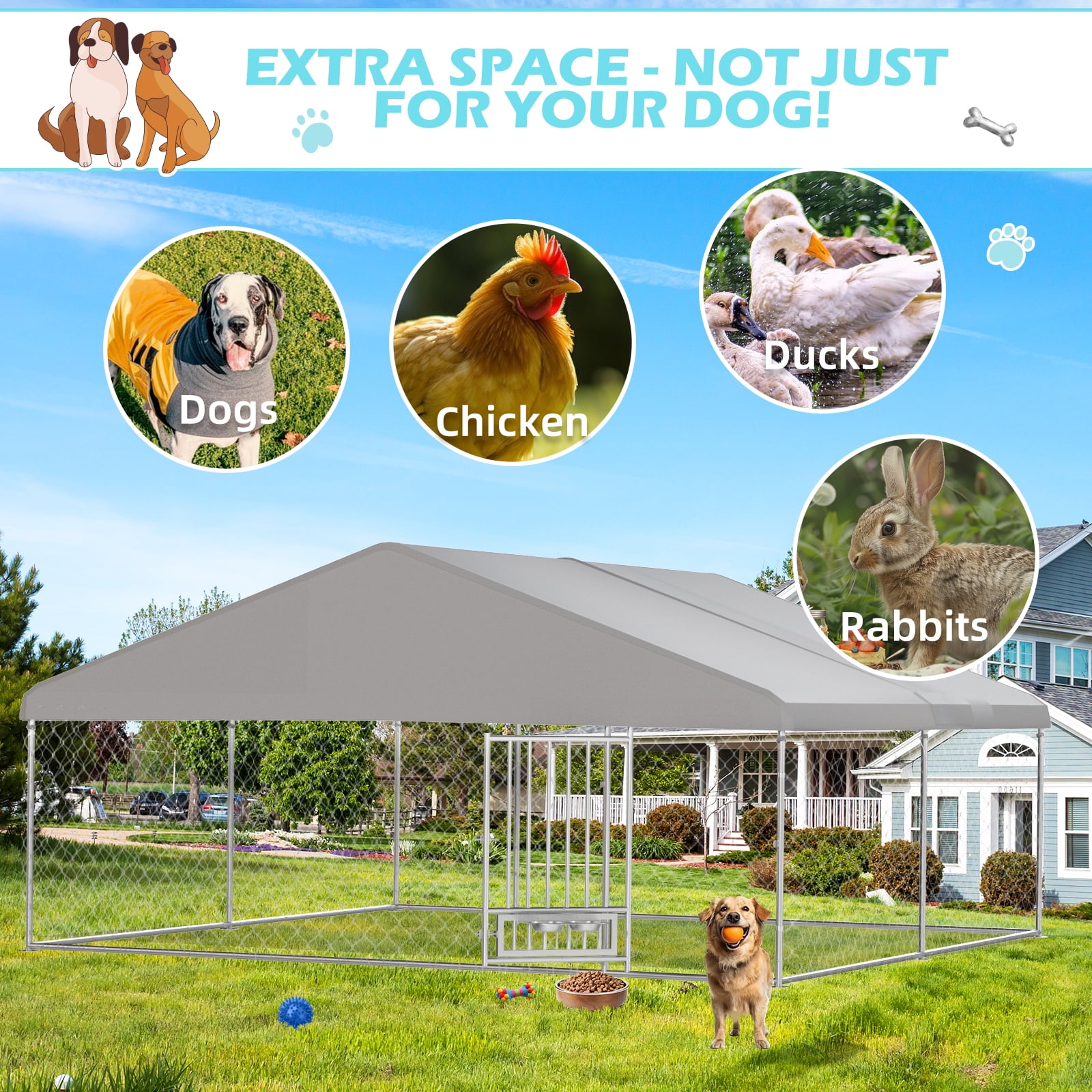 Erinnyees 13FT Outdoor Dog Kennel, Extra Large Dog House Pen Enclosure with Roof, Rotated Dog Bowls, Secure Lock, Wateproof Sunproof Cover