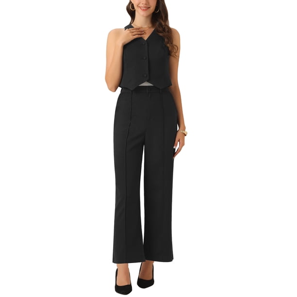 INSPIRAR CHIC Conjunto de Dos Piezas Casual Sin Mangas Top Corto Cuello en V Pantalones de Pierna Ancha XL Negro