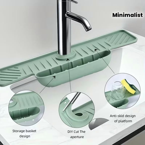 Silicone Faucet Splash Guard Drip Tray, Non-Slip Countertop Drying Mat with Drainage Grooves, Sink Organizer for Kitchen Bathroom