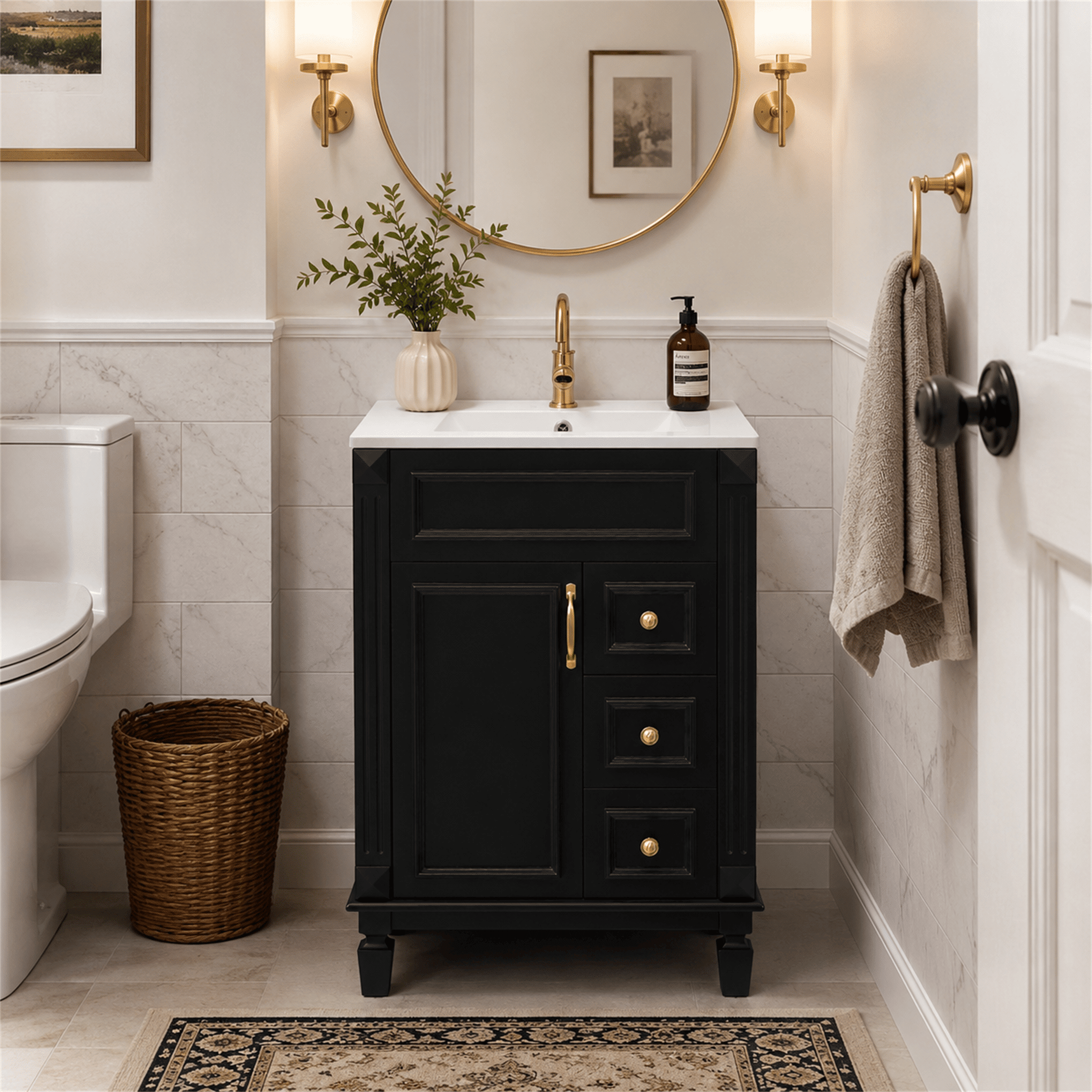 Homy Casa 24 in Bathroom Vanity with Ceramic Sink, Freestanding Storage Cabinet with 3 Drawers for Powder Room Black