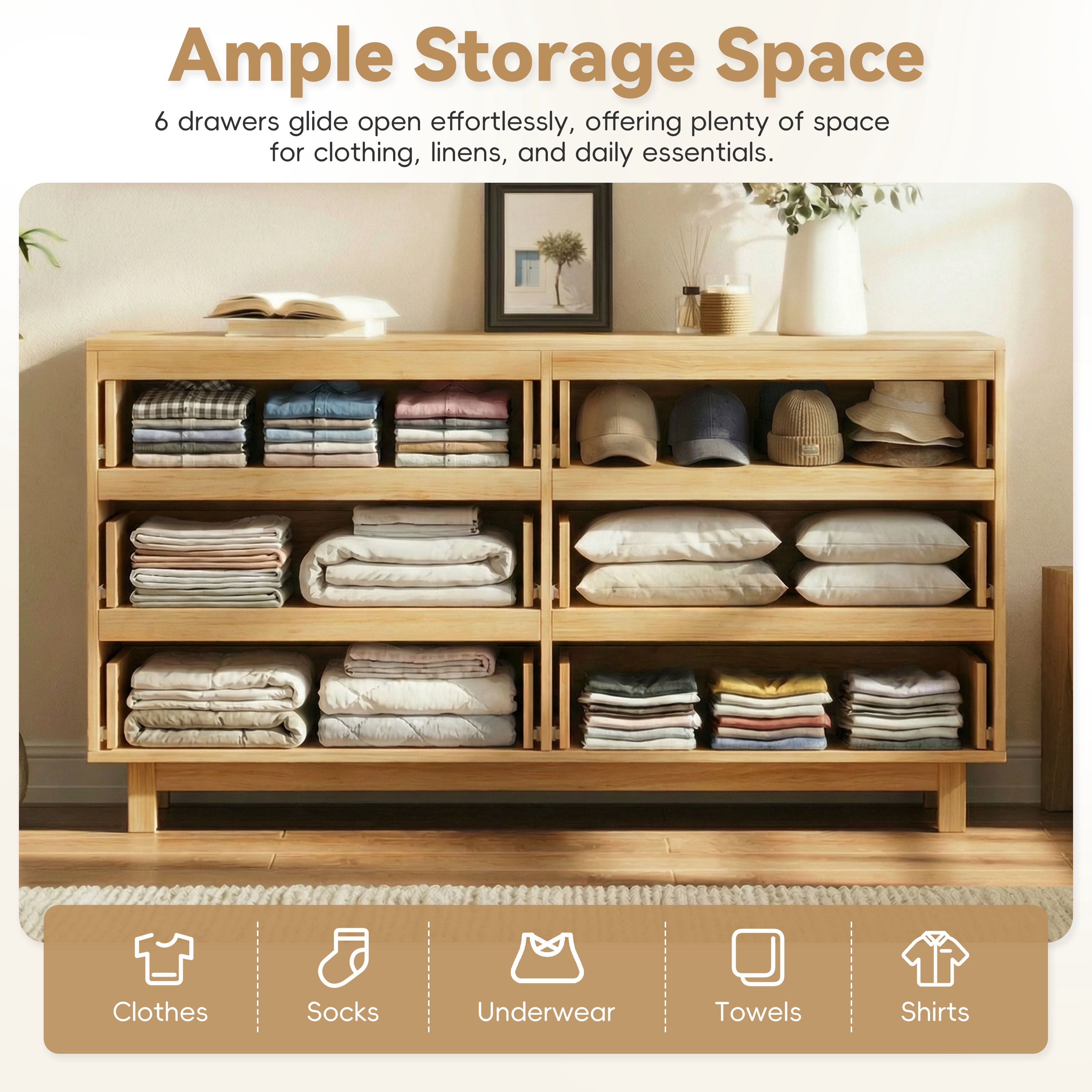 Alvantor 6 Drawer Dresser, 60" Wide Wooden Chest of Drawers, Fluted Dresser for Bedroom Oak