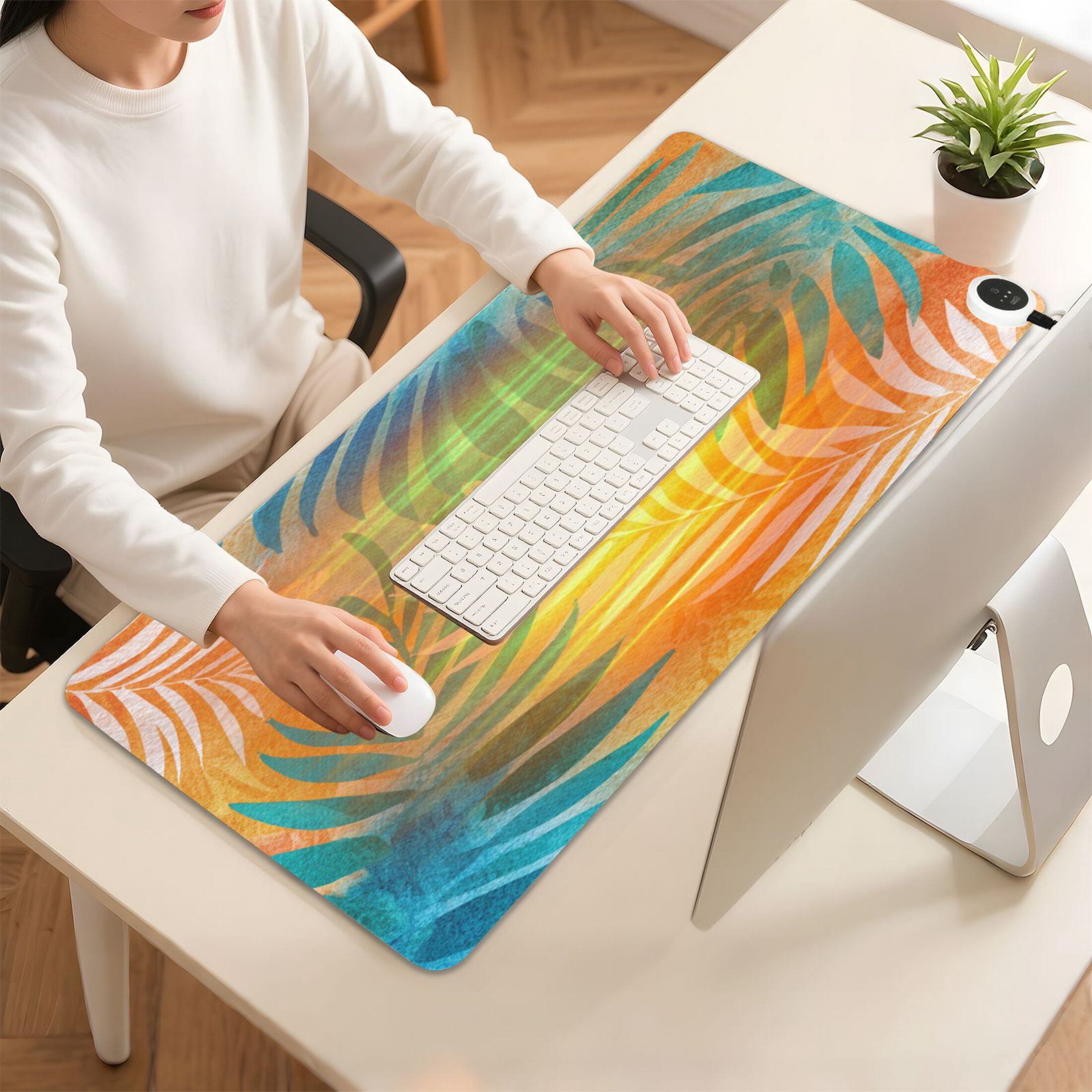 Large Heated Desk Mat Mouse Pad 31.5"x13"PU Leather Graphene Heating Desk Warmer with 3 Temperature Settings 110V US Plug Non-Slip Warm Pad for Home, Office, and Gaming Sunset Tropical Leaf Design