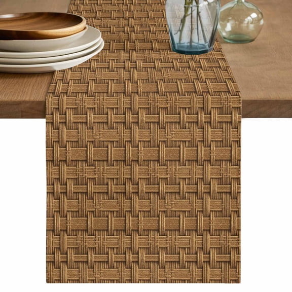 Vintage Rattan Table Runner, Minimalist Abstract Wicker Texture Brown Washable Cotton Linen Table Runners 70 Inches Long, Dresser Scarf Runner for Dining/Kitchen/Coffee/TV Stands/Cabinets 13''x70''