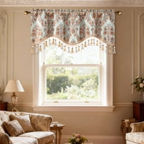 VOGOL Sky Blue Luxury Damask Valance with Beaded Tassels, 52x18 inch Rod Pocket Curtain for Living Room, Elegant Decorative Window Treatment