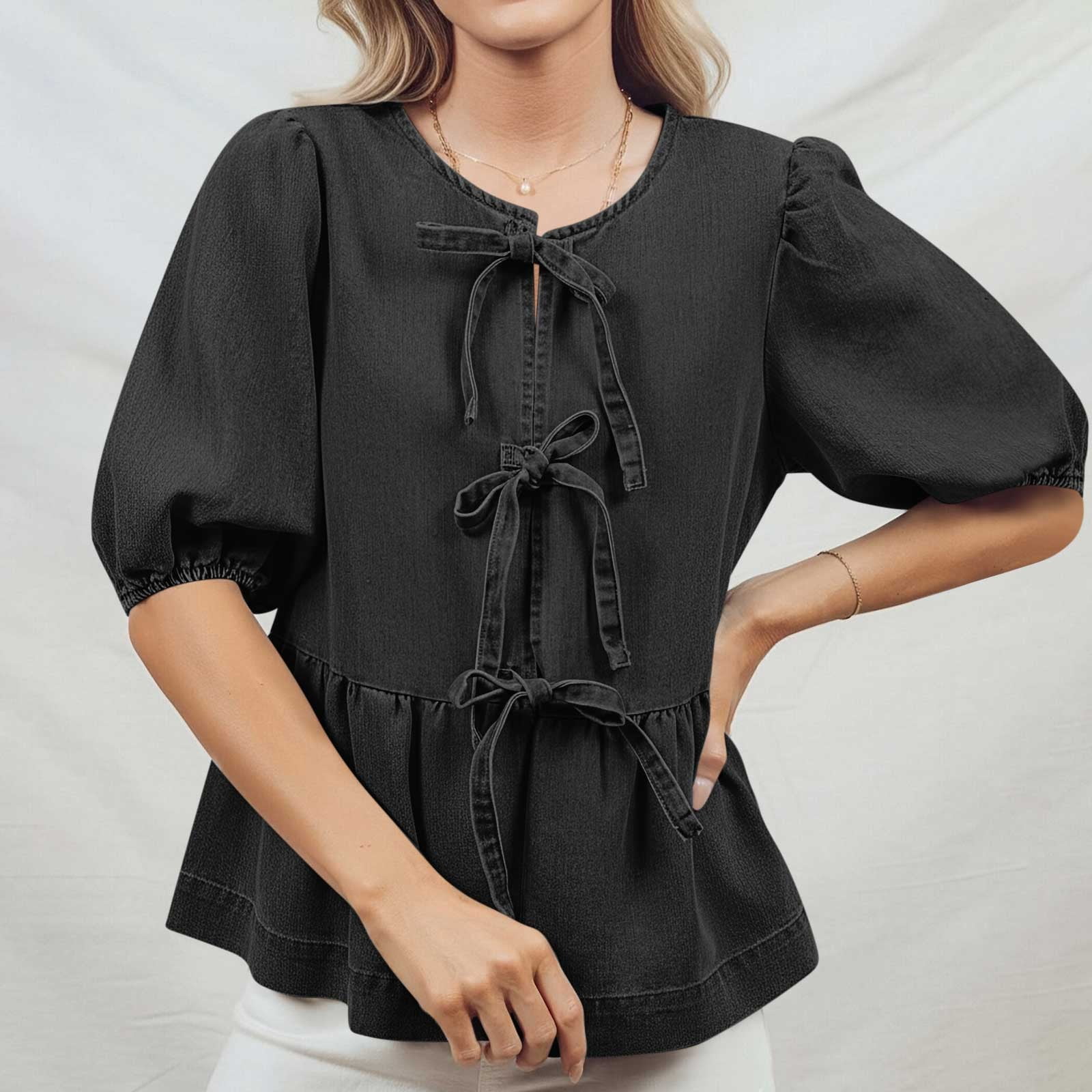 Womens Tops Under $10, Womens Denim Tie Front Tops Babydoll Peplum Puff Sleeve Jean Shirts Crew Neck Summer Casual Bow Blouses