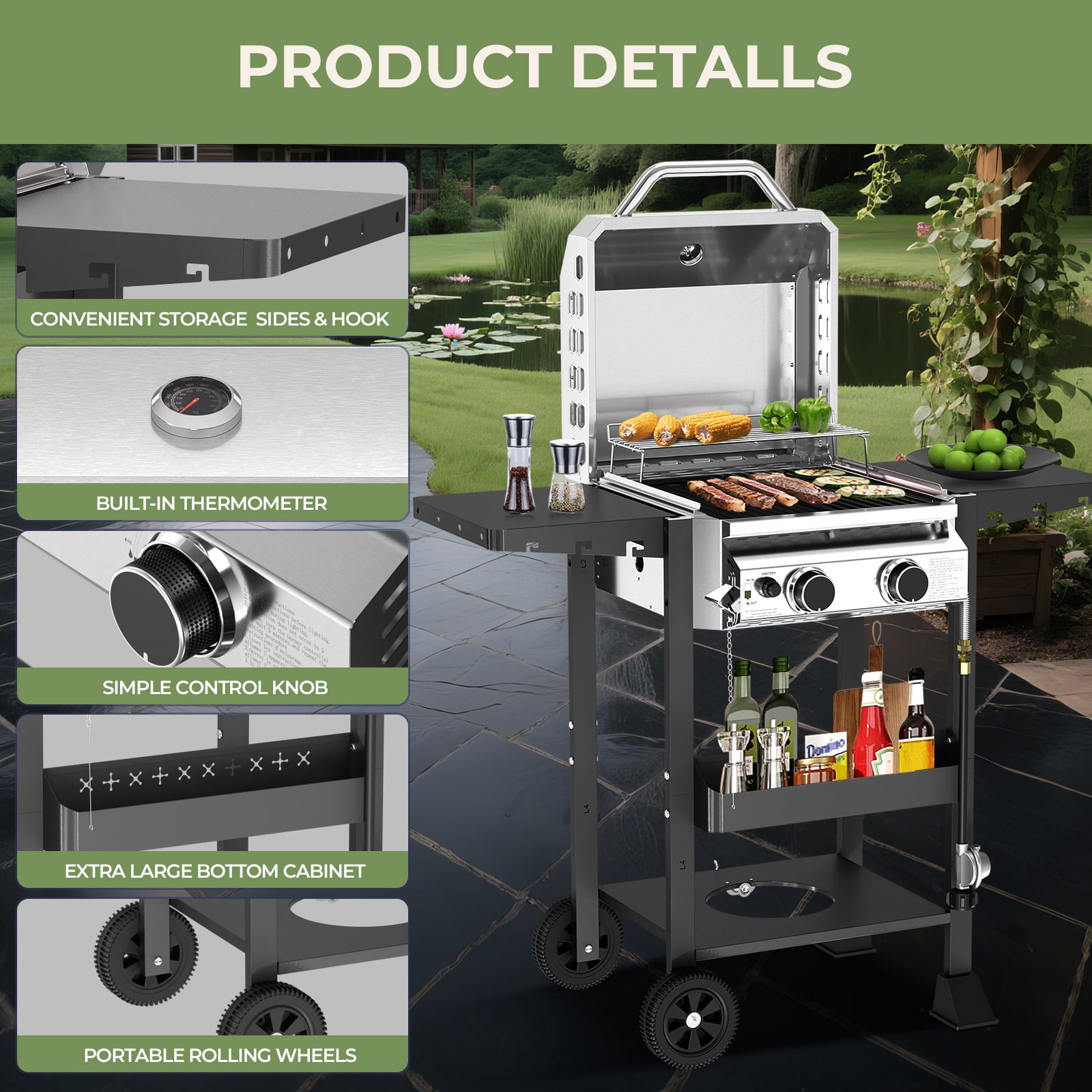 Gas Grill with 2-Burner,Outdoor Gas BBQ Grill,16000 BTU