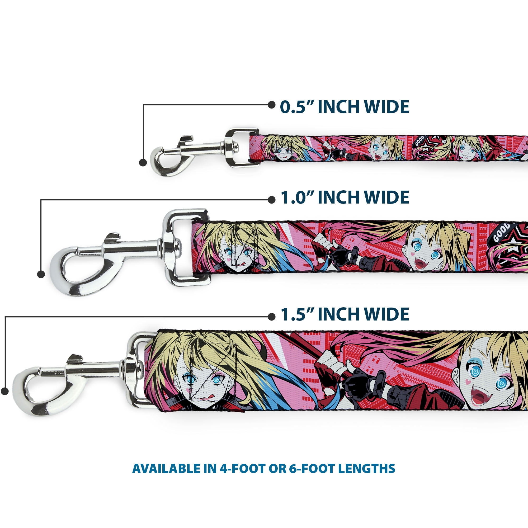 DC Comics Pet Leash, Dog Leash, Harley Quinn Puddin Poses Anime Graphics Pink Red, 6 Feet Long 1.0 Inch Wide