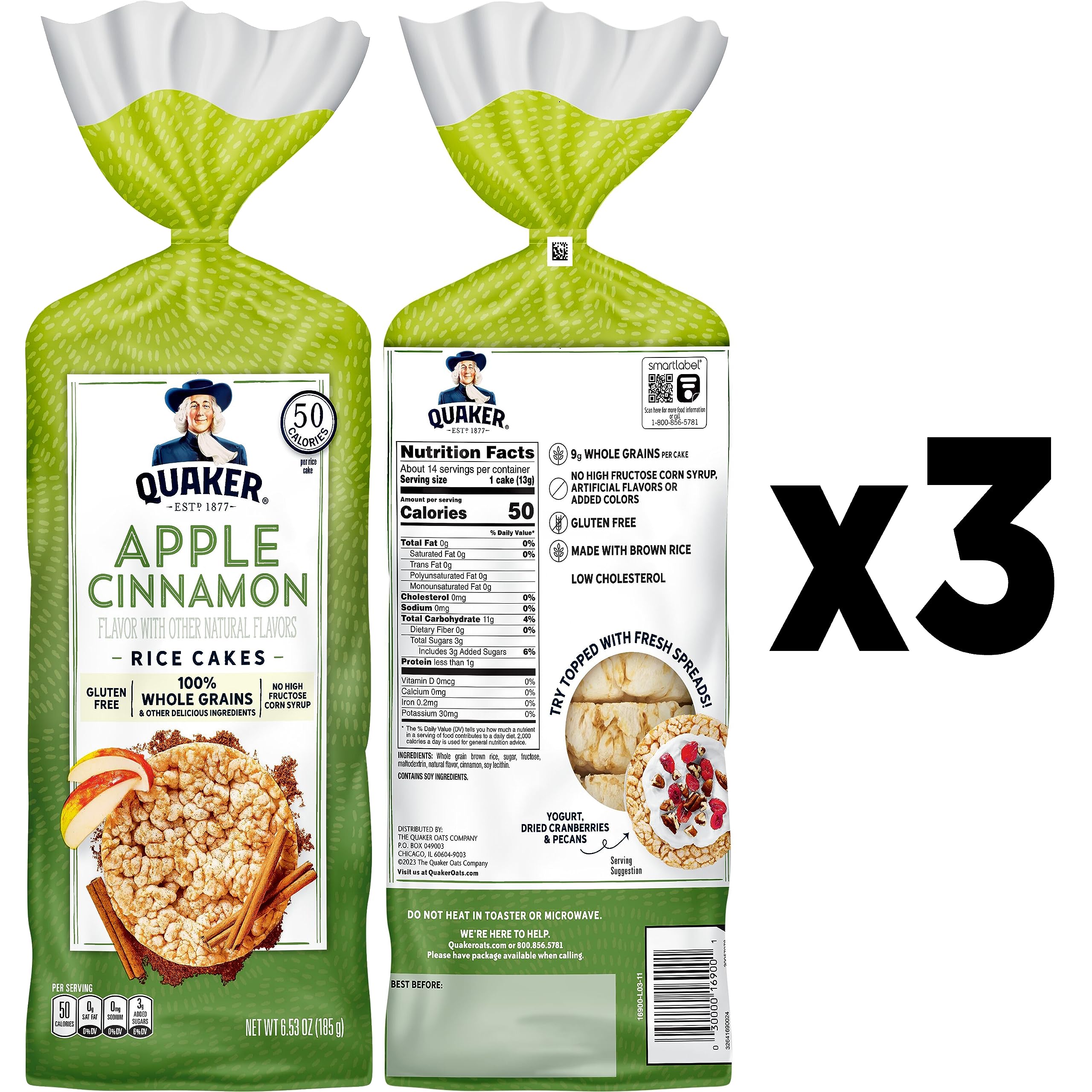 Quaker Large Rice Cakes, CM31&nbsp;Apple Cinnamon, Pack of 3